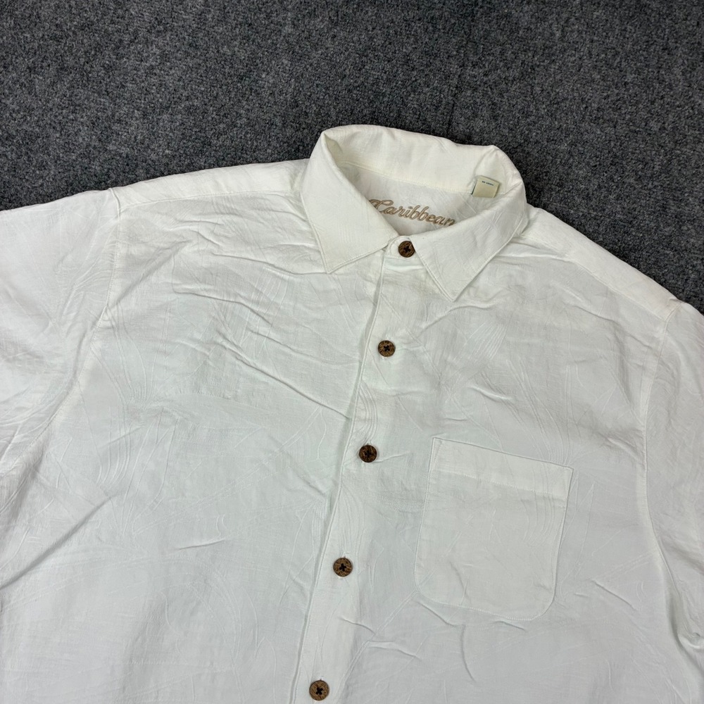 Caribbean Mens Size XL White Tropical Palm AOP Short Sleeve Button Down Shirt